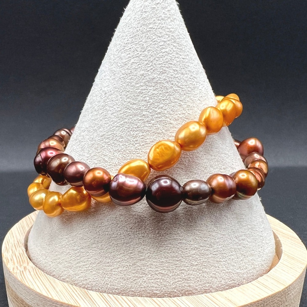 Freshwater Pearl Stretch Bracelets Lot 2 Gold Brown Coastal Boho Mermaid Earthy